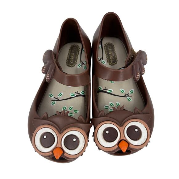 Mini Melissa Mary Jane Owl Shoes Girl Size 8 Brown Adjustable Strap Animal Lover - Picture 1 of 10